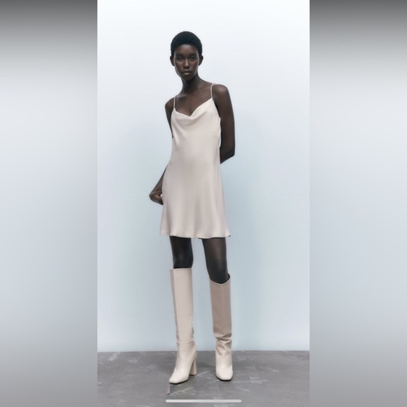 NEW ZARA Silky Satin Taupe Cowl Neck Mini Slip Dress Rhinestone Strap Fit&Flare - Picture 3 of 11